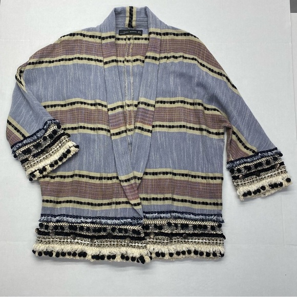 ZARA BOHO OPEN FRONT CARDIGAN POM POM FRINGE WOMENS SMALL BOHEMIAN - Picture 9 of 12